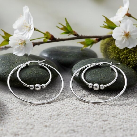 Minimalist Elegant Silver Beaded Stainless Steel Hoop Earrings β 1.4" Diameter - Picture 7 of 13